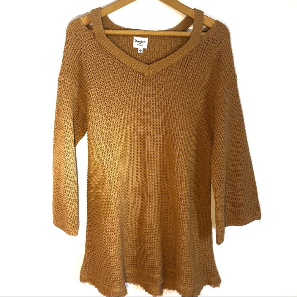 Hayden Los Angeles Yellow Long Sleeve Sweater Waffle Pullover Large Boho Chic